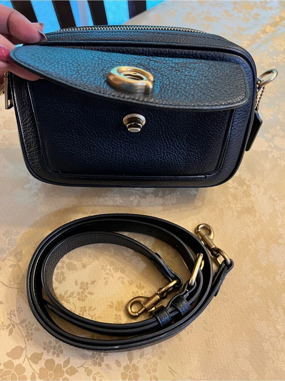 Coach Black Pebbled Leather Crossbody with Gold Turnlock; Small crossbody